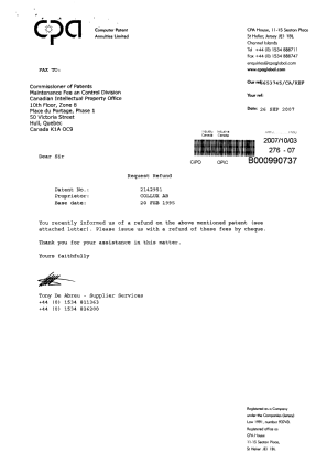 Document de brevet canadien 2142951. Correspondance 20061203. Image 1 de 2