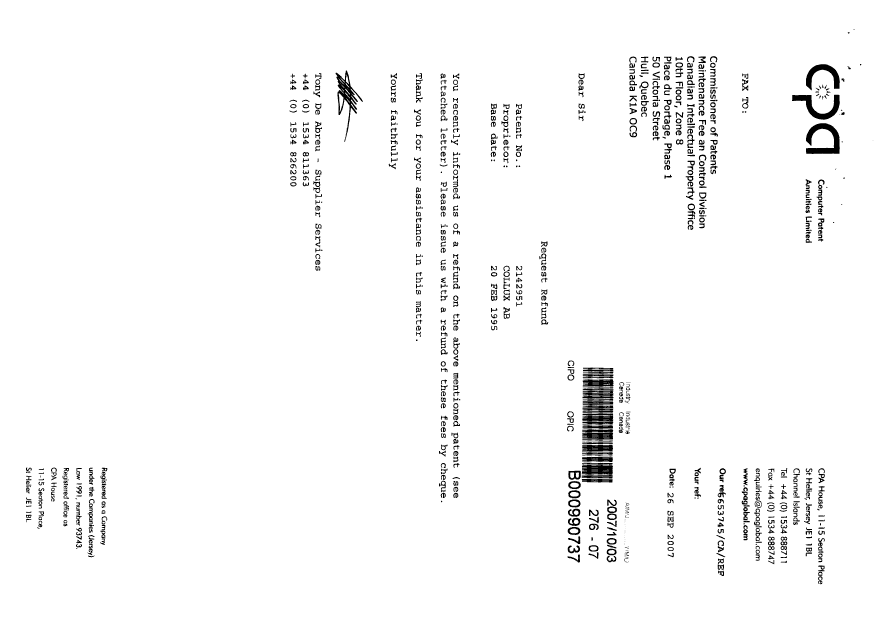 Canadian Patent Document 2142951. Correspondence 20061203. Image 1 of 2