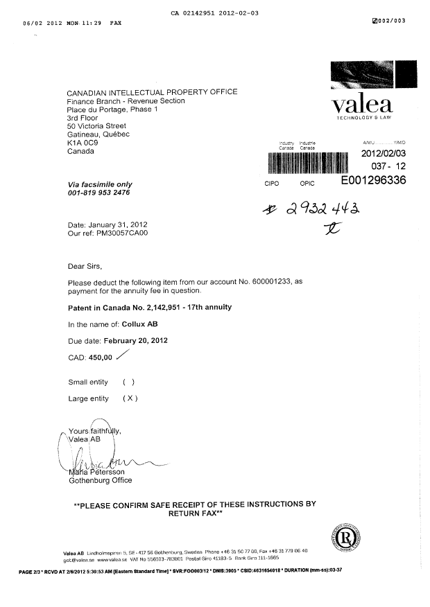 Document de brevet canadien 2142951. Taxes 20111203. Image 1 de 1