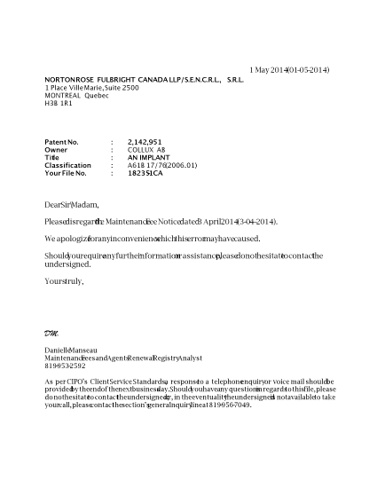 Document de brevet canadien 2142951. Correspondance 20131201. Image 1 de 1