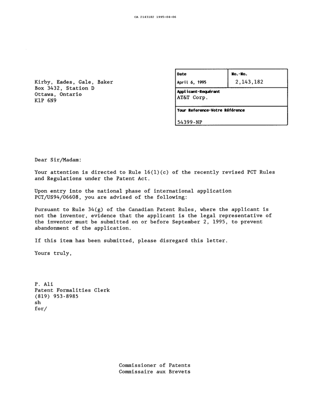 Canadian Patent Document 2143182. Correspondence 19941206. Image 1 of 1