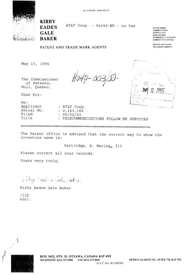 Canadian Patent Document 2143182. Correspondence 19941217. Image 1 of 1