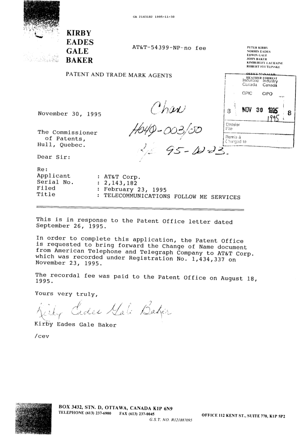 Canadian Patent Document 2143182. Correspondence 19941230. Image 1 of 1
