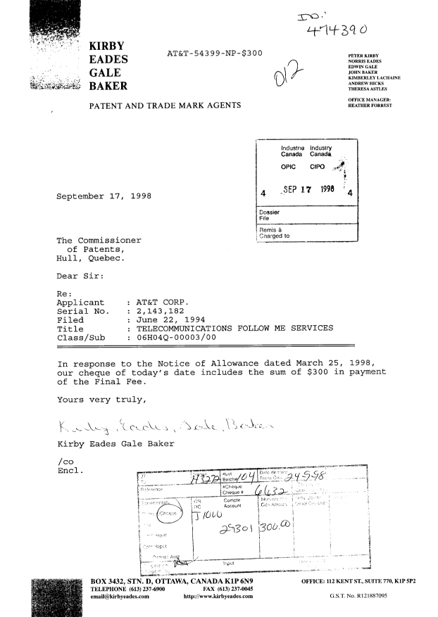 Document de brevet canadien 2143182. Correspondance 19971217. Image 1 de 1