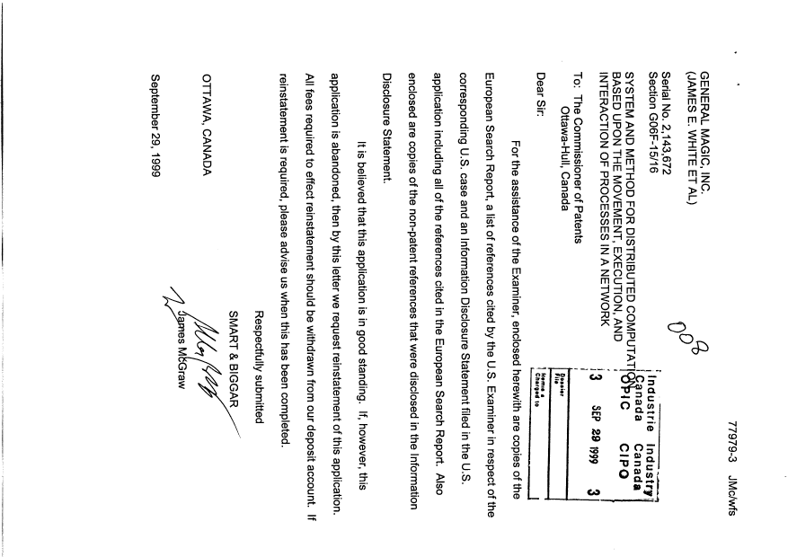 Canadian Patent Document 2143672. Prosecution-Amendment 19990929. Image 1 of 1