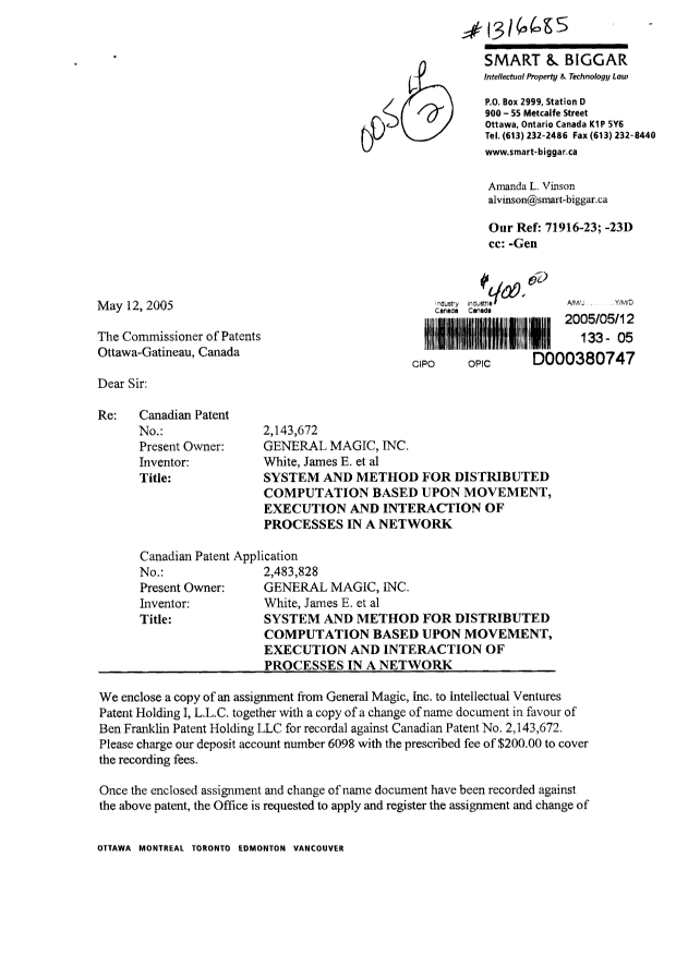 Document de brevet canadien 2143672. Cession 20050512. Image 1 de 9