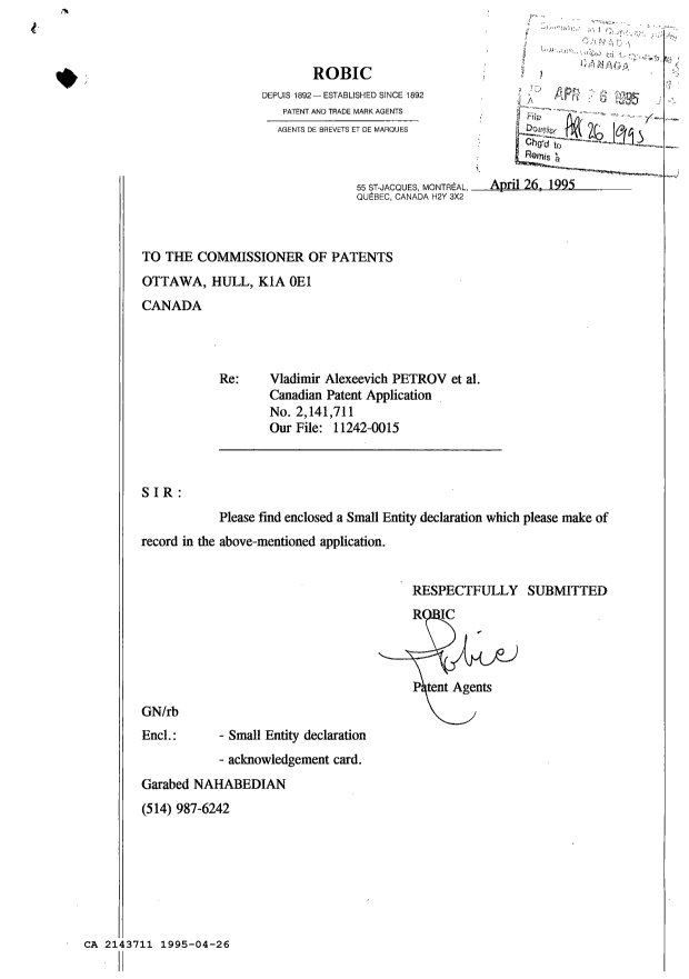 Document de brevet canadien 2143711. Correspondance reliée au PCT 19950426. Image 1 de 2