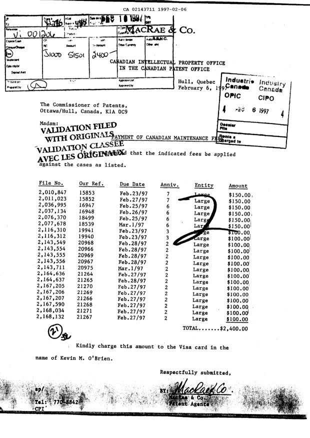 Document de brevet canadien 2143711. Taxes 19970206. Image 1 de 1