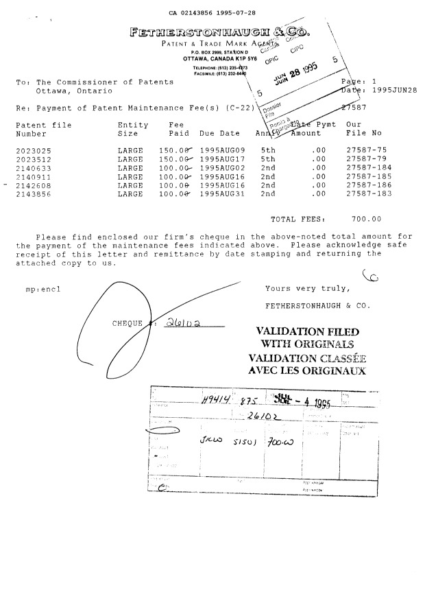 Document de brevet canadien 2143856. Taxes 19950728. Image 1 de 1