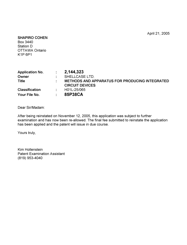Document de brevet canadien 2144323. Correspondance 20050421. Image 1 de 1