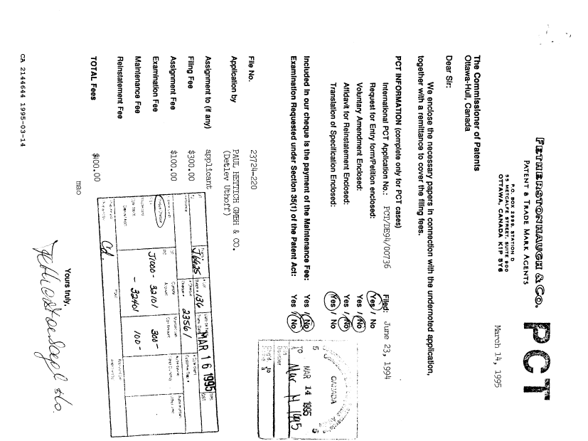 Document de brevet canadien 2144644. Correspondance de la poursuite 19950314. Image 1 de 2