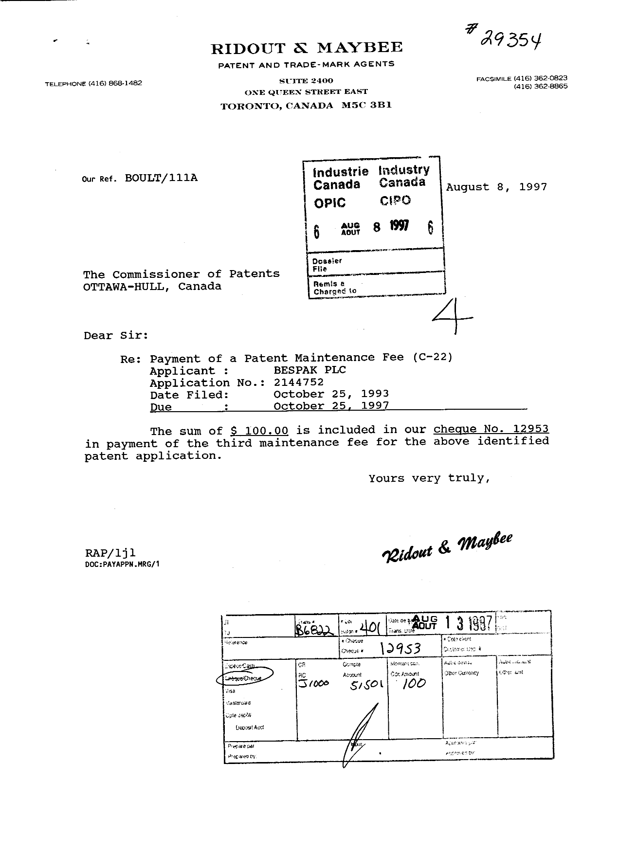 Canadian Patent Document 2144752. Fees 19970808. Image 1 of 1