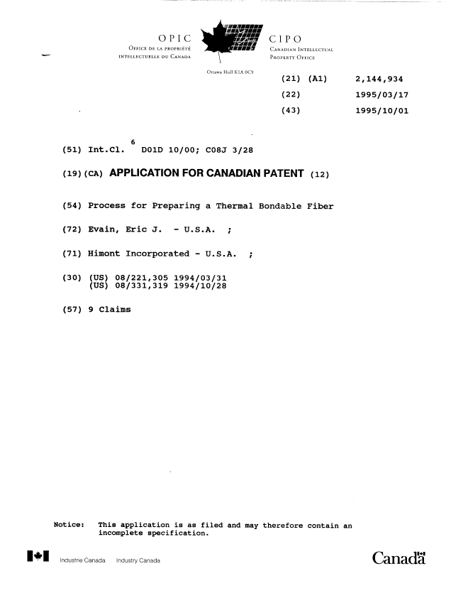 Canadian Patent Document 2144934. Cover Page 19951120. Image 1 of 1