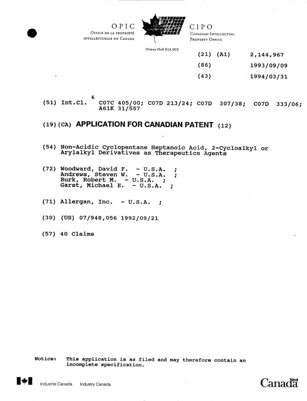 Canadian Patent Document 2144967. Cover Page 19941201. Image 1 of 1