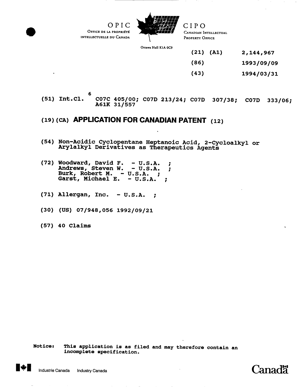 Document de brevet canadien 2144967. Page couverture 19941201. Image 1 de 1