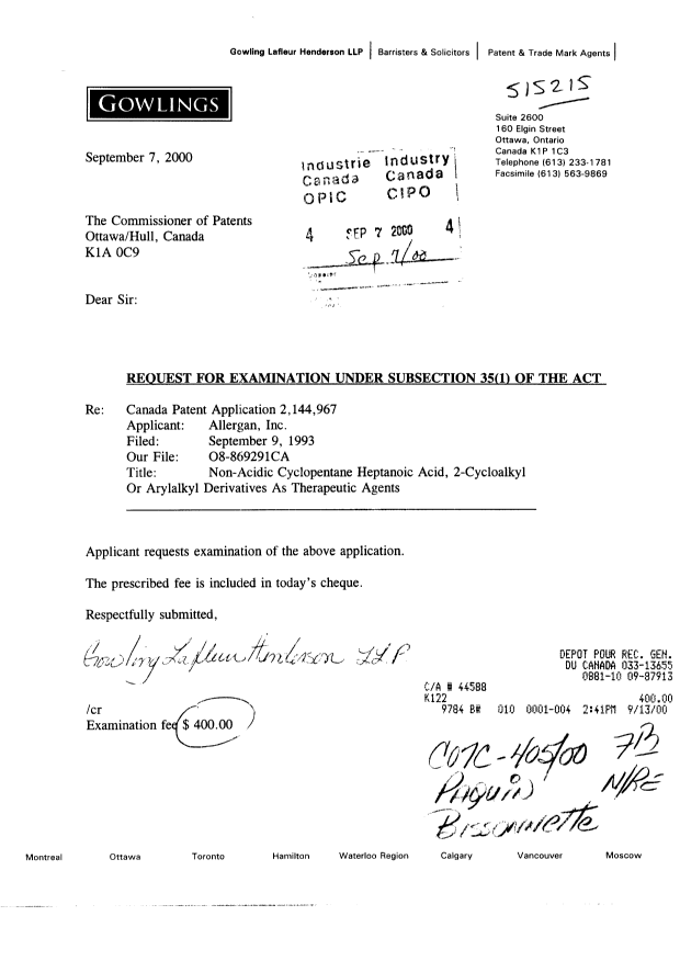 Canadian Patent Document 2144967. Prosecution-Amendment 19991207. Image 1 of 1