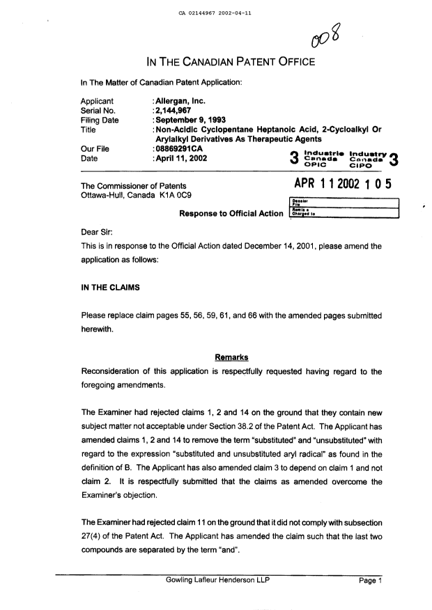 Canadian Patent Document 2144967. Prosecution-Amendment 20011211. Image 1 of 7