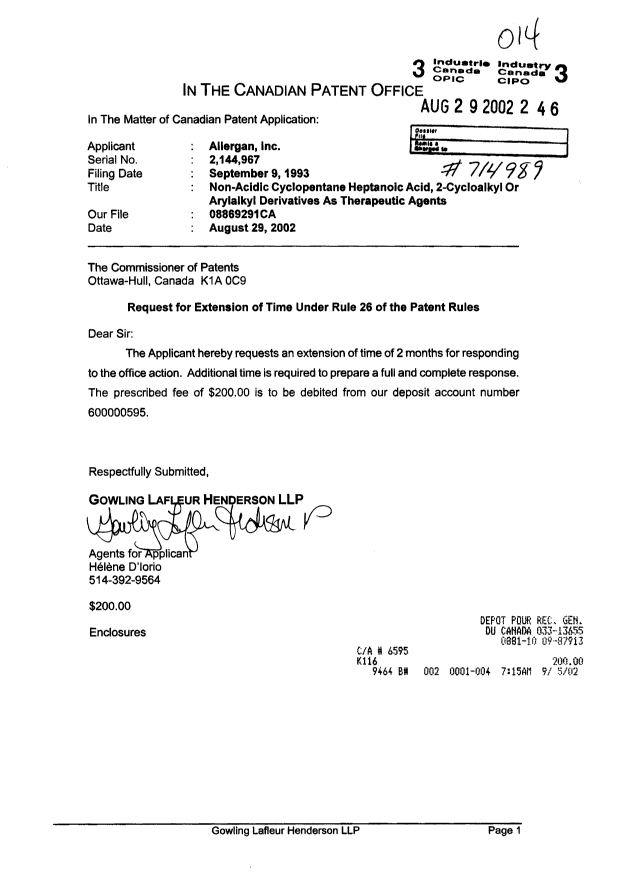 Canadian Patent Document 2144967. Correspondence 20011229. Image 1 of 1