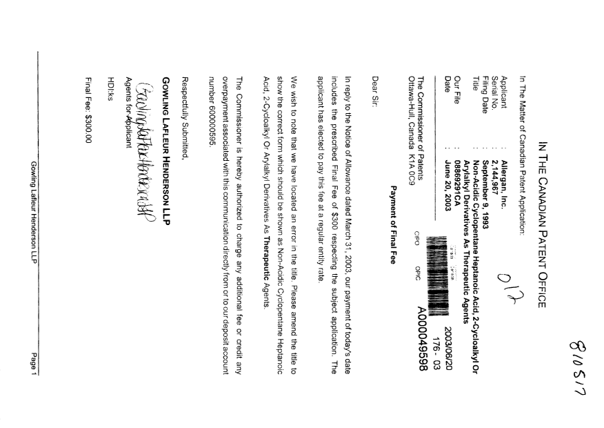 Canadian Patent Document 2144967. Correspondence 20021220. Image 1 of 1