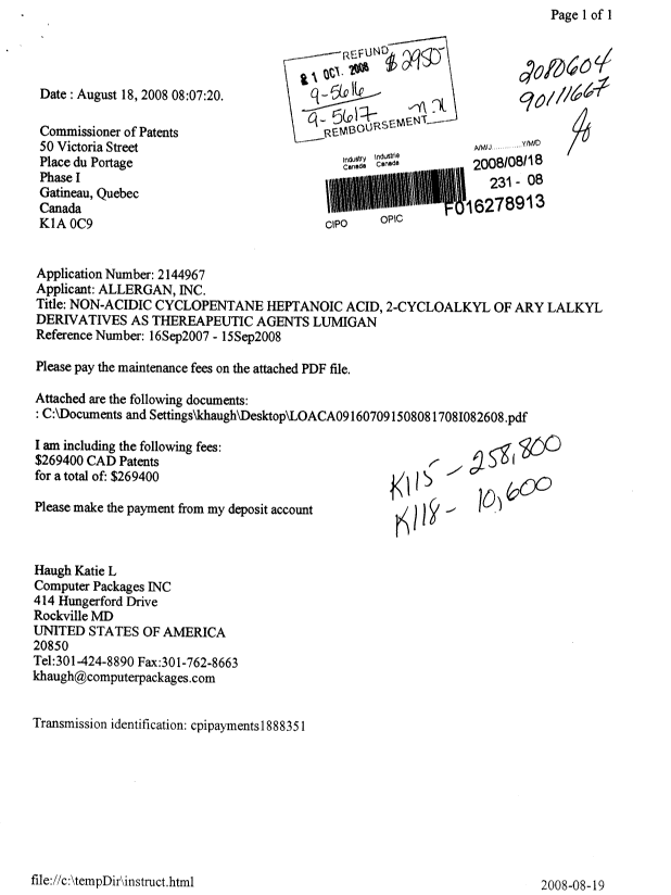 Document de brevet canadien 2144967. Taxes 20071218. Image 1 de 1