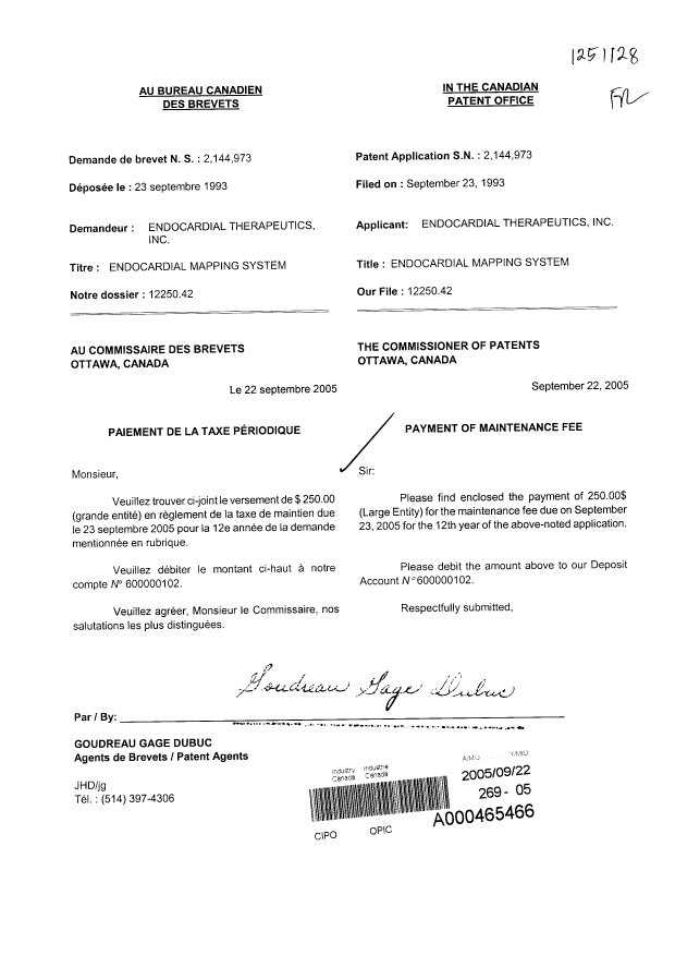 Document de brevet canadien 2144973. Taxes 20050922. Image 1 de 1