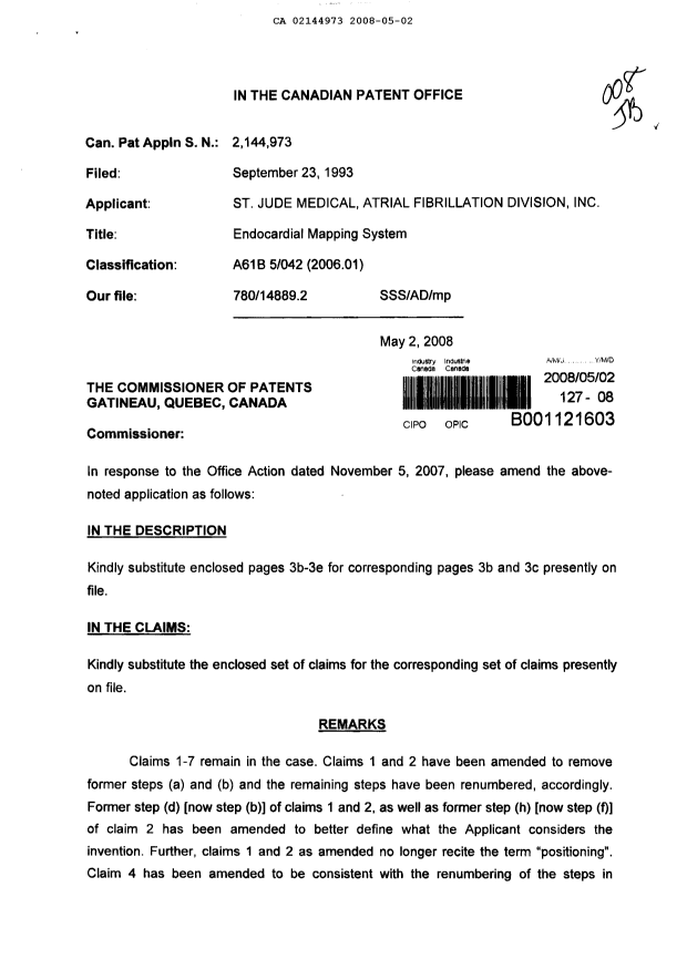 Canadian Patent Document 2144973. Prosecution-Amendment 20080502. Image 1 of 14