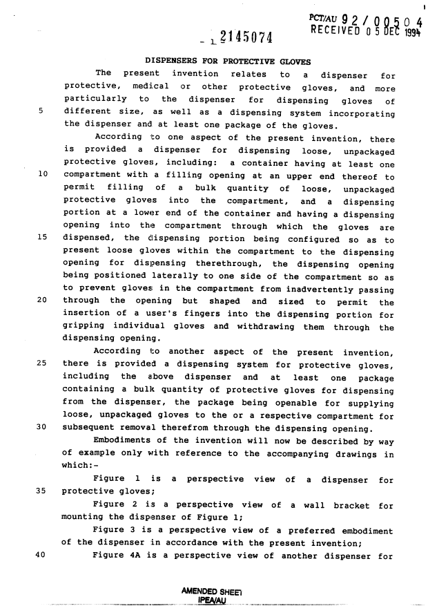 Canadian Patent Document 2145074. Description 19991118. Image 1 of 4