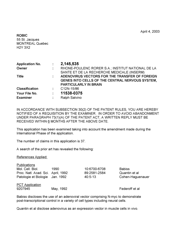Canadian Patent Document 2145535. Prosecution-Amendment 20021204. Image 1 of 4