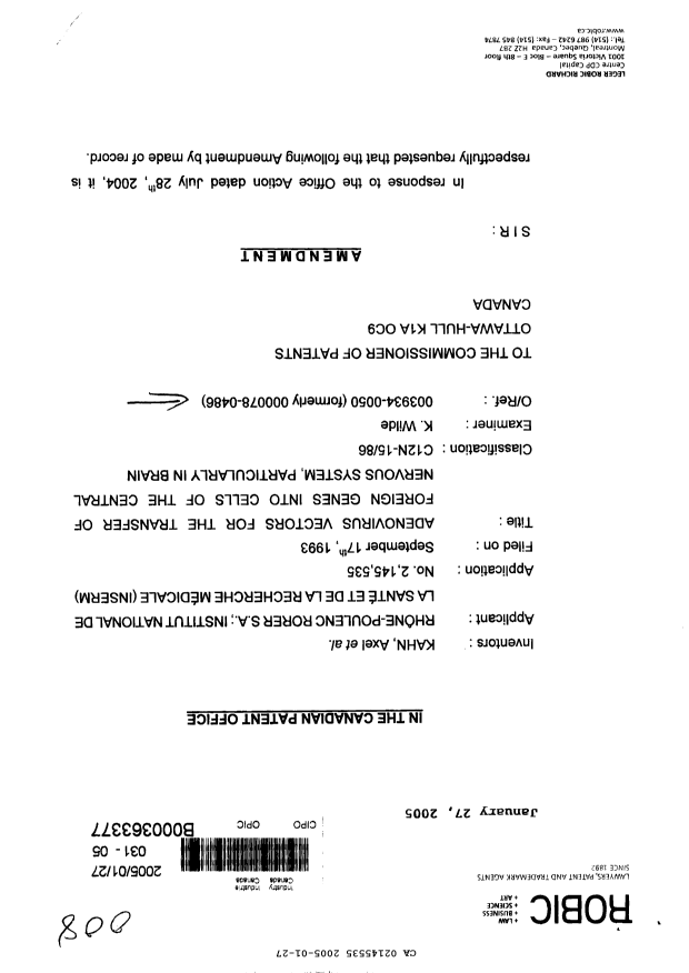 Canadian Patent Document 2145535. Prosecution-Amendment 20041227. Image 1 of 24