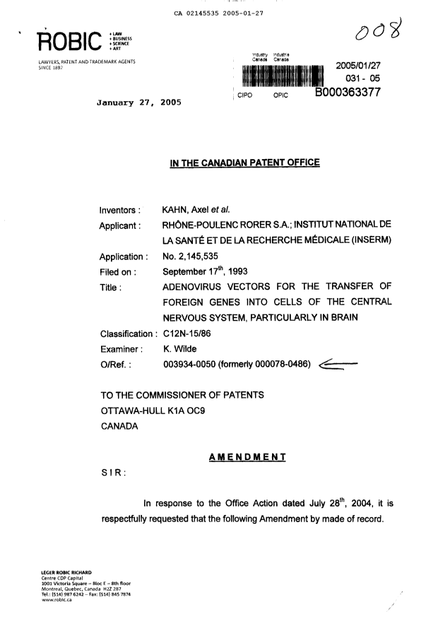 Document de brevet canadien 2145535. Poursuite-Amendment 20050127. Image 1 de 24