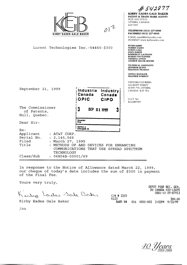 Canadian Patent Document 2145566. Correspondence 19990921. Image 1 of 1