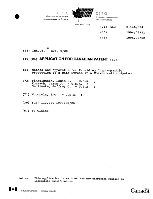 Document de brevet canadien 2146024. Page couverture 19951005. Image 1 de 1