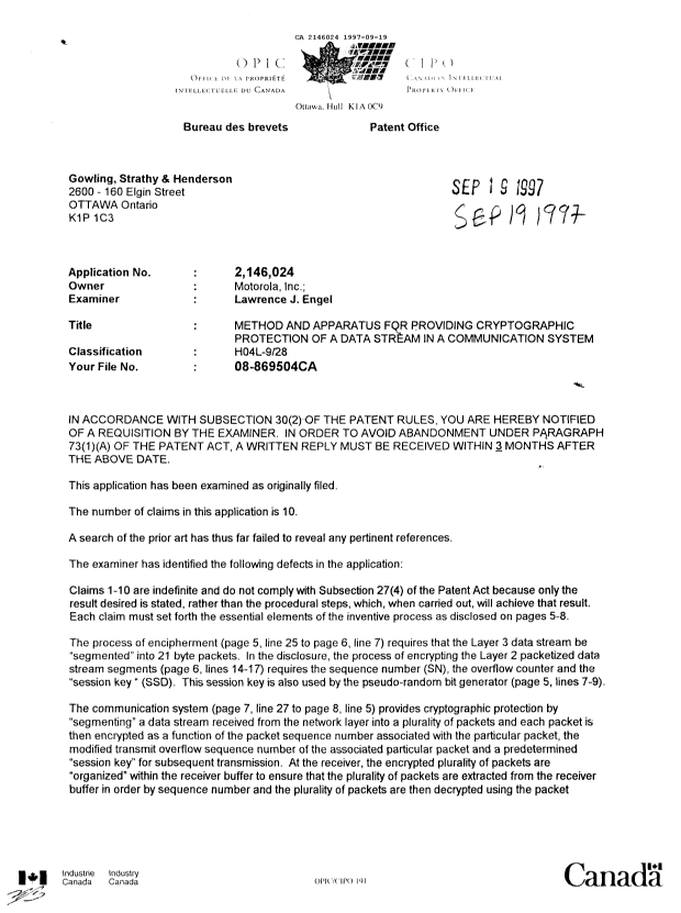Document de brevet canadien 2146024. Demande d'examen 19970919. Image 1 de 2
