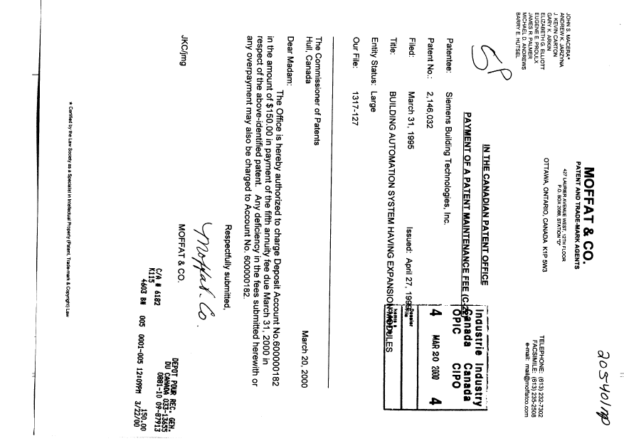 Canadian Patent Document 2146032. Fees 20000320. Image 1 of 1