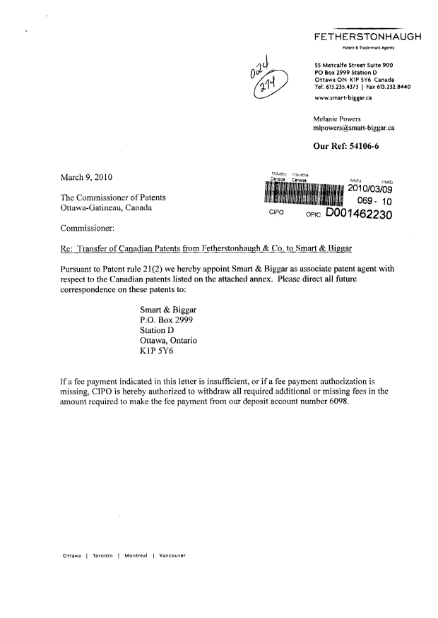 Document de brevet canadien 2146032. Correspondance 20100309. Image 1 de 11
