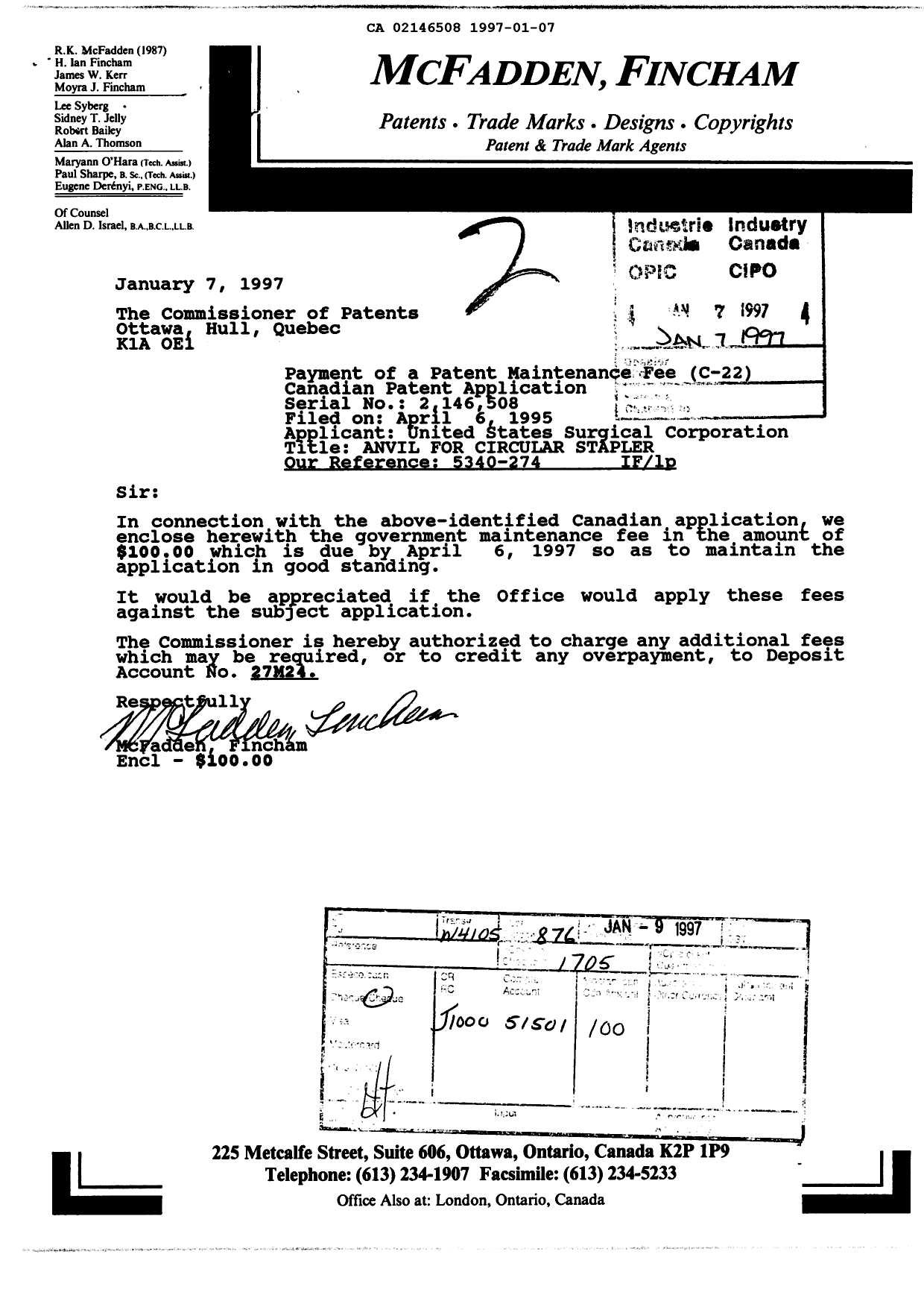 Canadian Patent Document 2146508. Fees 19970107. Image 1 of 1