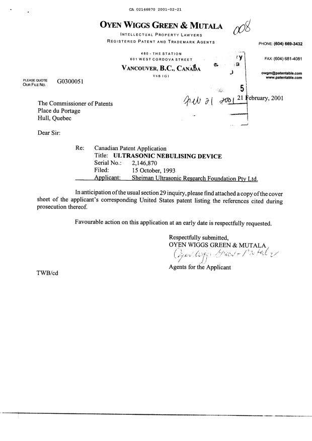 Canadian Patent Document 2146870. Prosecution-Amendment 20010221. Image 1 of 2