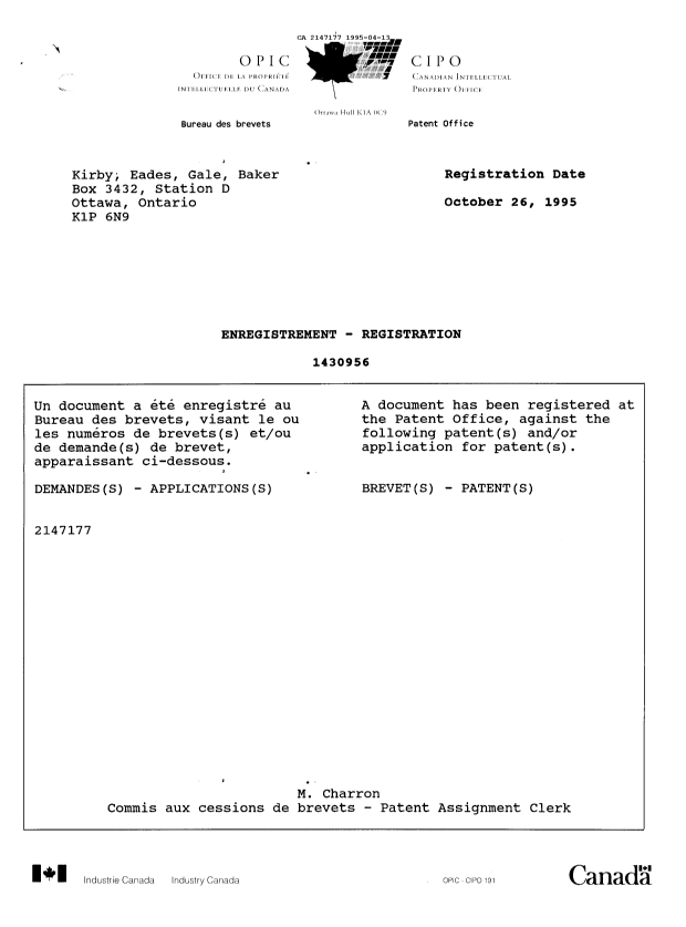 Document de brevet canadien 2147177. Correspondance de la poursuite 19950413. Image 1 de 8