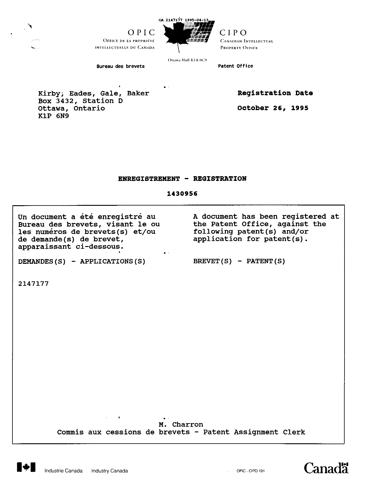 Canadian Patent Document 2147177. Prosecution Correspondence 19950413. Image 1 of 8
