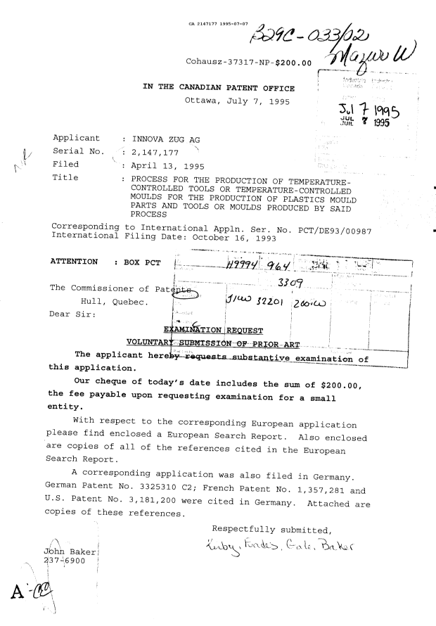 Document de brevet canadien 2147177. Correspondance de la poursuite 19950707. Image 1 de 1