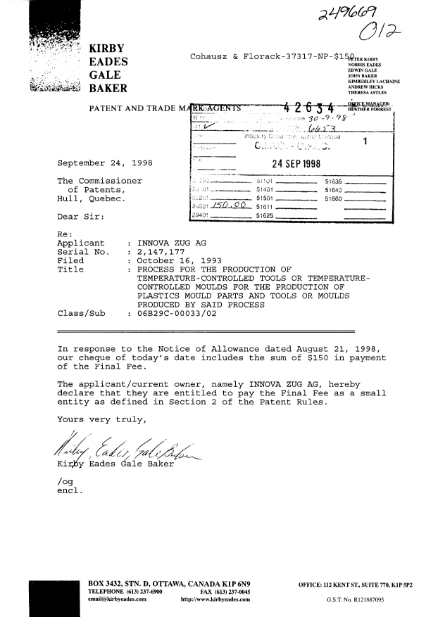 Document de brevet canadien 2147177. Correspondance 19980924. Image 1 de 1
