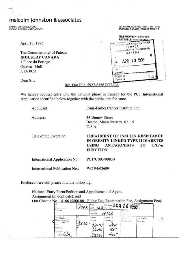 Document de brevet canadien 2147180. Cession 19950413. Image 1 de 12