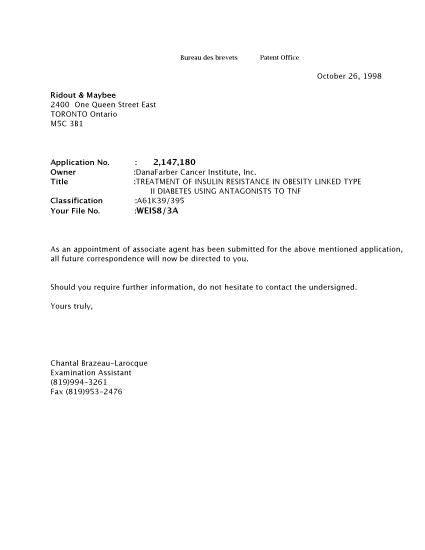 Document de brevet canadien 2147180. Correspondance 19981026. Image 1 de 1
