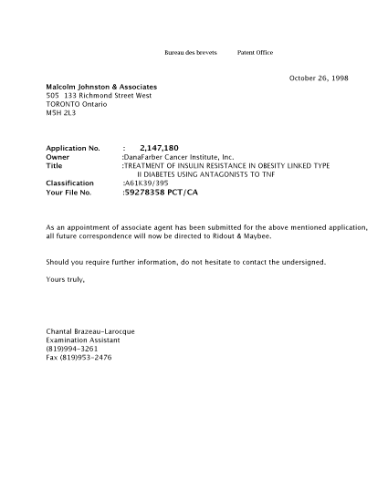 Document de brevet canadien 2147180. Correspondance 19981026. Image 1 de 1