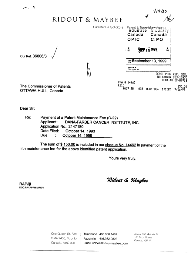 Document de brevet canadien 2147180. Taxes 19990913. Image 1 de 1