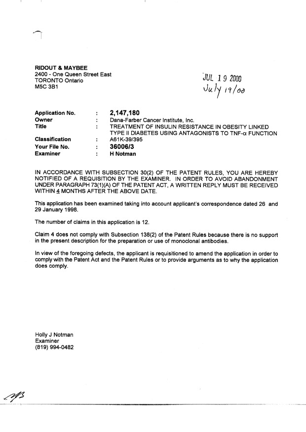 Document de brevet canadien 2147180. Poursuite-Amendment 20000719. Image 1 de 1