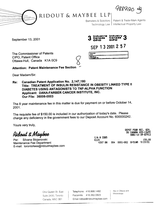 Document de brevet canadien 2147180. Taxes 20010913. Image 1 de 1