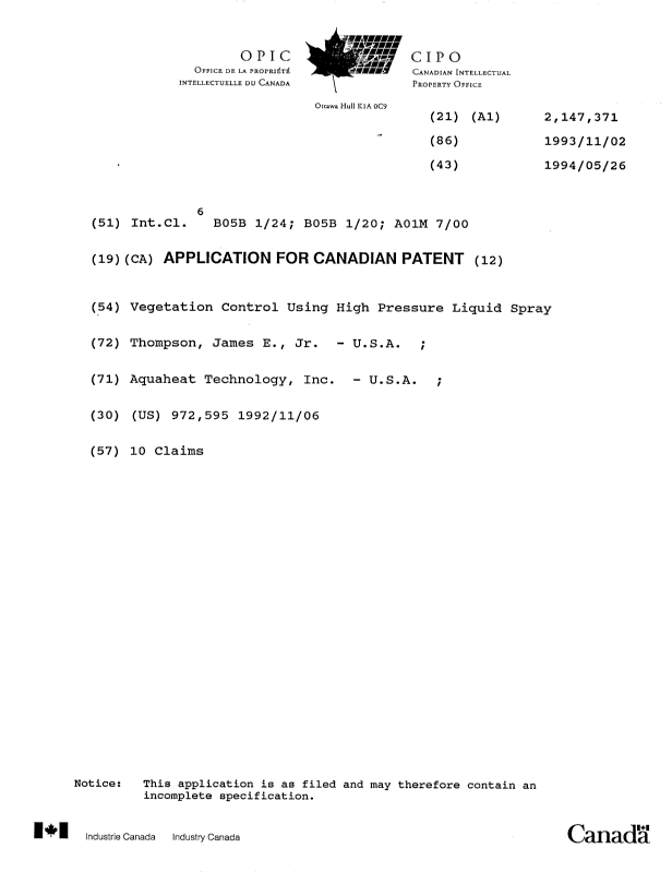 Canadian Patent Document 2147371. Cover Page 19941203. Image 1 of 1