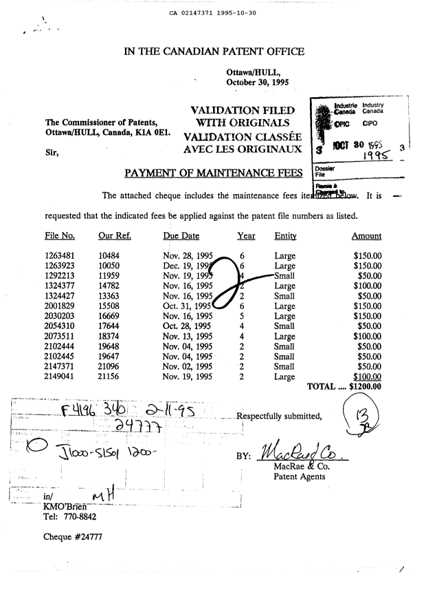 Canadian Patent Document 2147371. Fees 19941230. Image 1 of 1