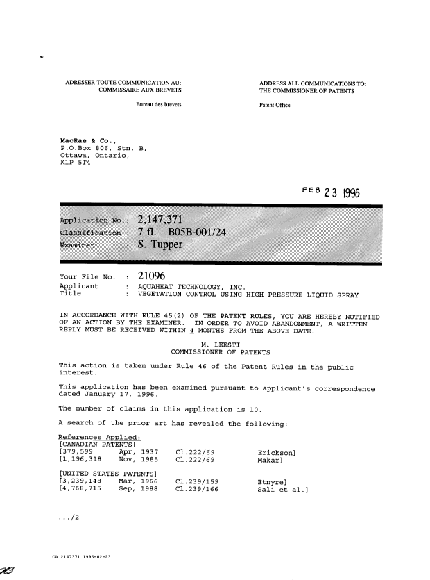 Canadian Patent Document 2147371. Prosecution-Amendment 19951223. Image 1 of 3